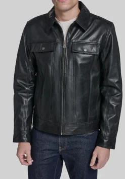 Cole Haan Traditional Fit Leather Trucker Jacket