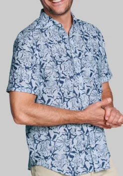 Johnston & Murphy Tailored Fit Floral Tile Short Sleeve Linen Blend Button Up Shirt