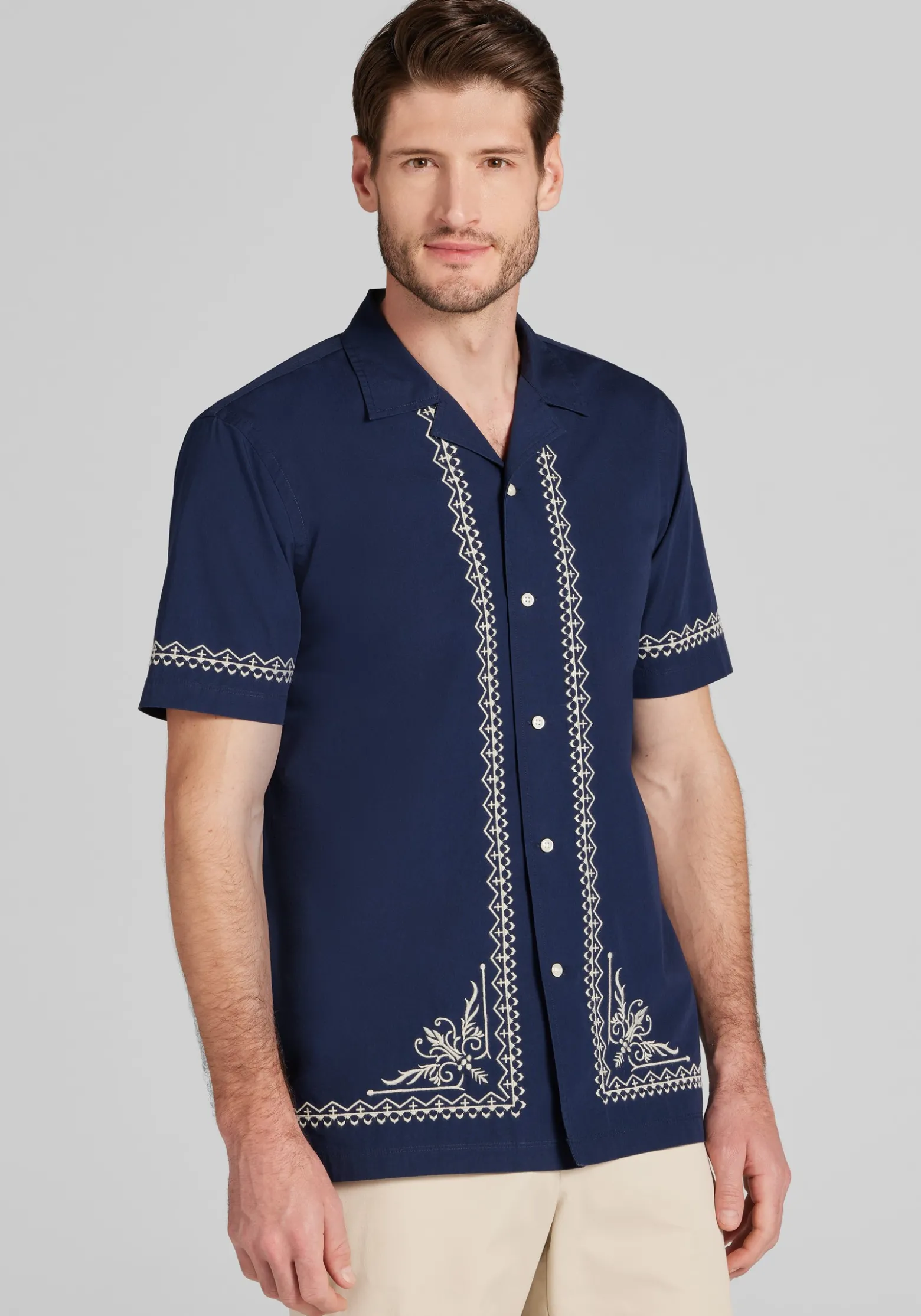 Jos. A. Bank Tailored Fit Border Embroidered Short Sleeve Button Up Shirt