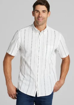 Jos. A. Bank Tailored Fit Embroidered Stripe Short Sleeve Button Up Shirt - Big & Tall