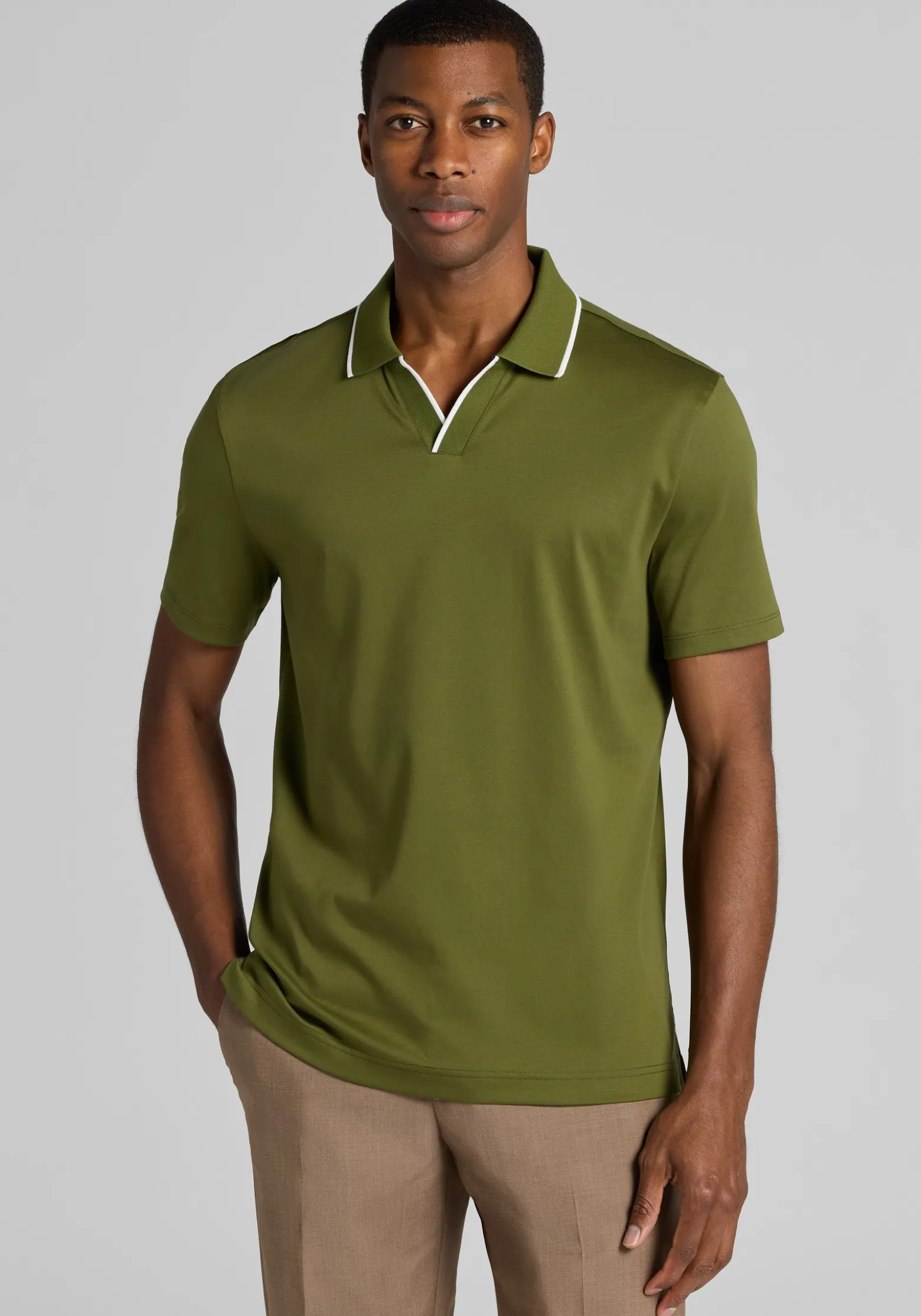 Jos. A. Bank Tailored Fit Short Sleeve Liquid Cotton Interlock Johnny Polo