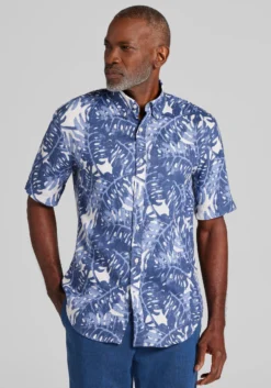 Reserve Collection Tailored Fit Monstera Leaf Linen Short Sleeve Button Up Shirt