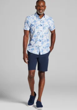 Traveler® COOLMOTION Tailored Fit Faded Palm Leaf 4-Way Stretch Short Sleeve Button Up Shirt